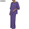Elegant Two Pieces Women Half Sleeve Splicing Buttons Blouse and Pants Casual Suit Sets