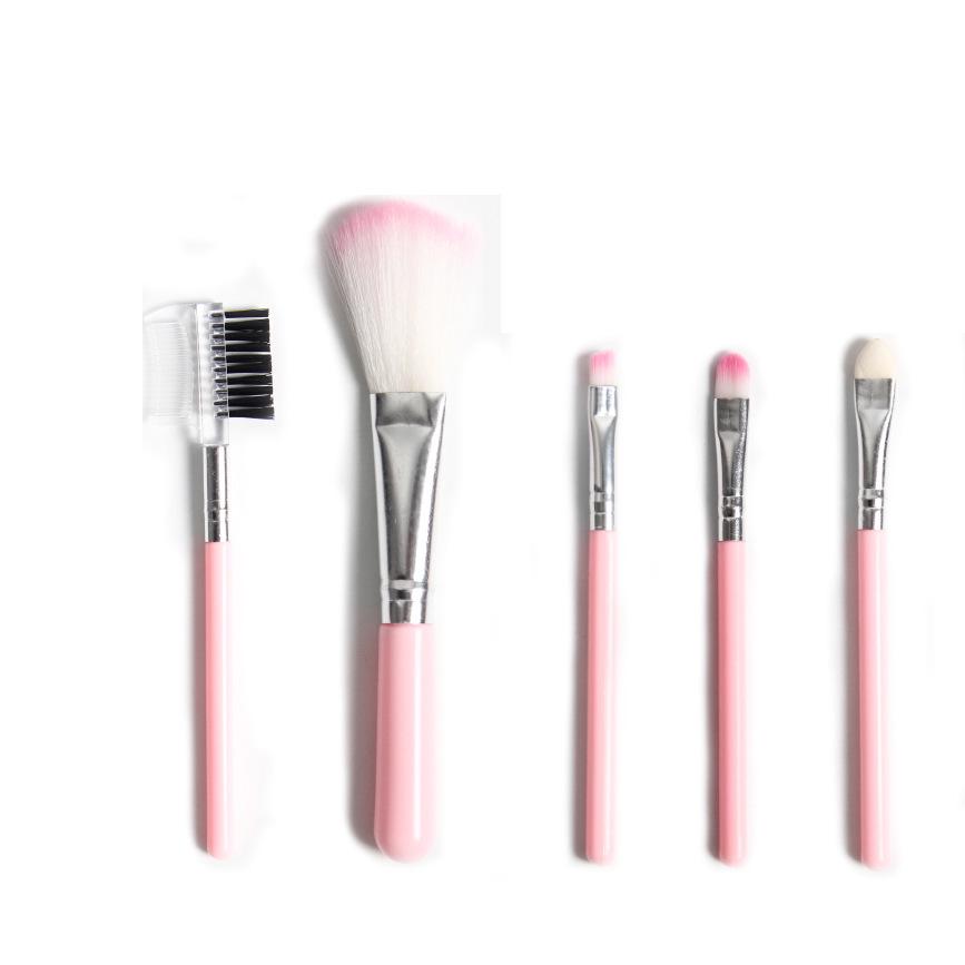Set de pensule de machiaj din 5 piese: Pensule roz pentru fard de pleoape, blush, buze și sprâncene cu pieptene pentru sprâncene cu dublă utilizare