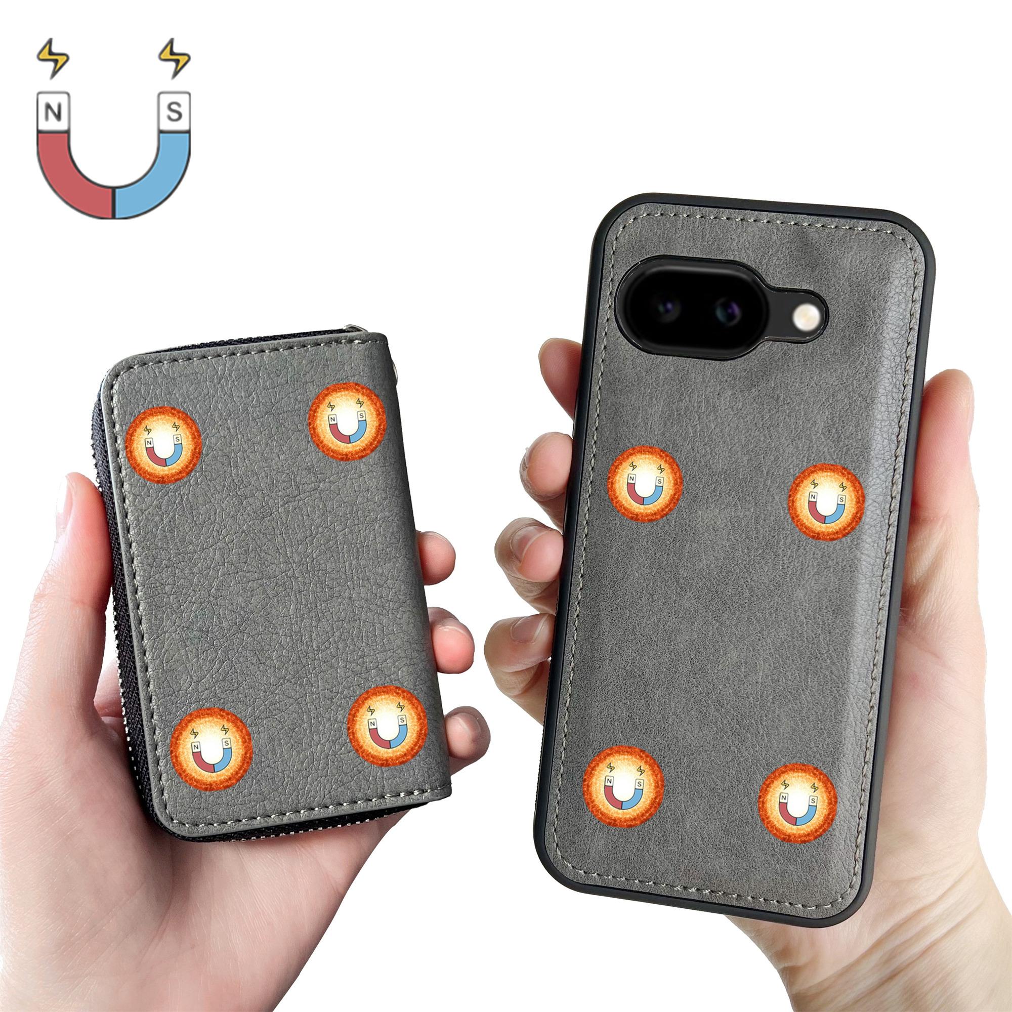 

For Google Pixel 9a Case Detachable Zipper Card Bag PU TPU Kickstand Phone Case with Strap Grey
