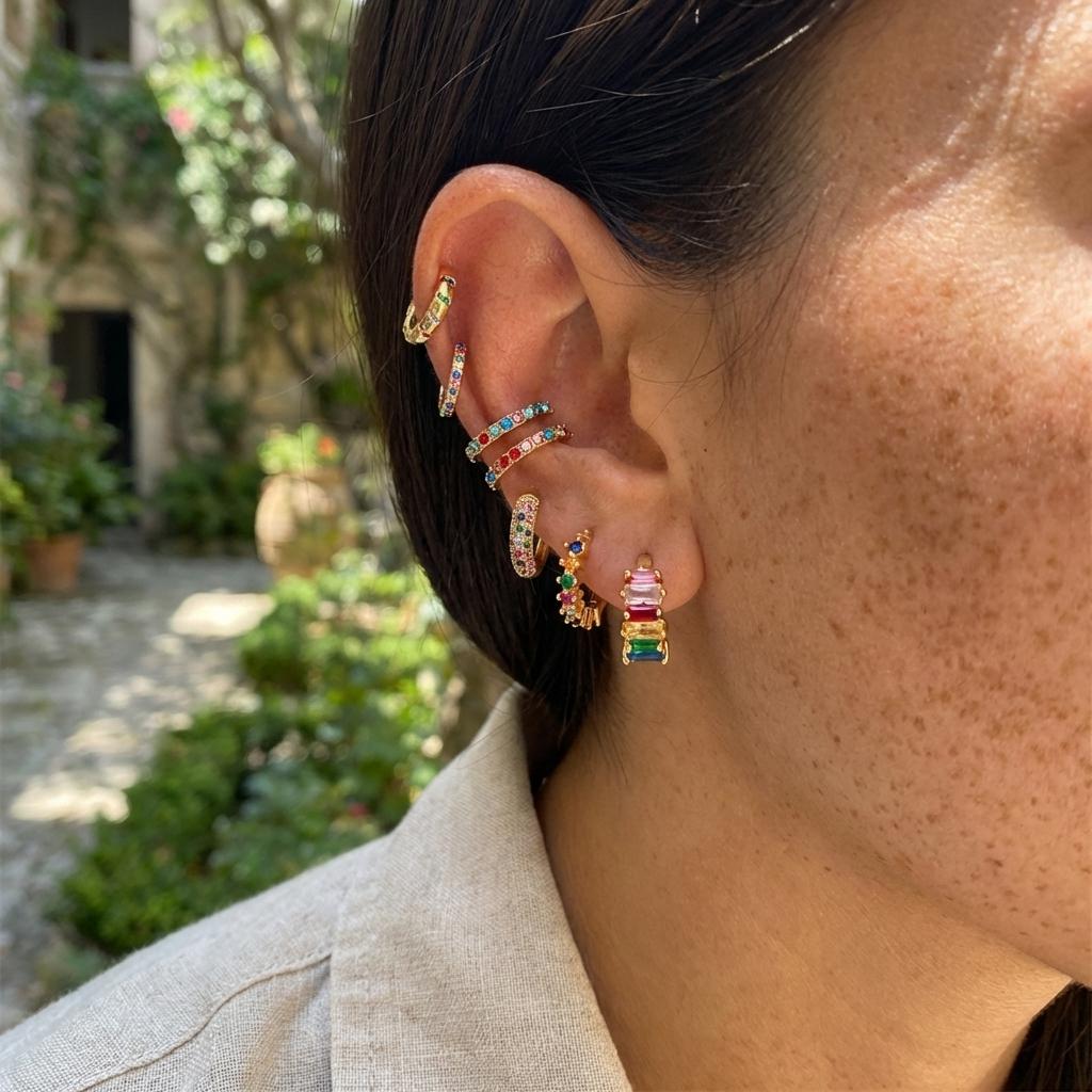 Y2K Aesthetic Rainbow Earring Set for Women Multicolor Zircon Huggie Hoops Cartilage Ear Cuff Summer Festival Party Jewelry