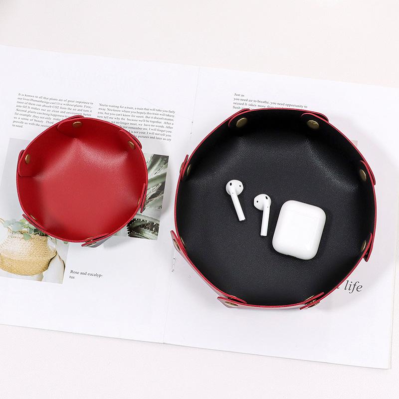 

Snap On Folding Circular Storage Box Makeup Key Storage Tray PU Leather Multifunctional Desk Organizer For Keys/office Supplies S 19X19CM