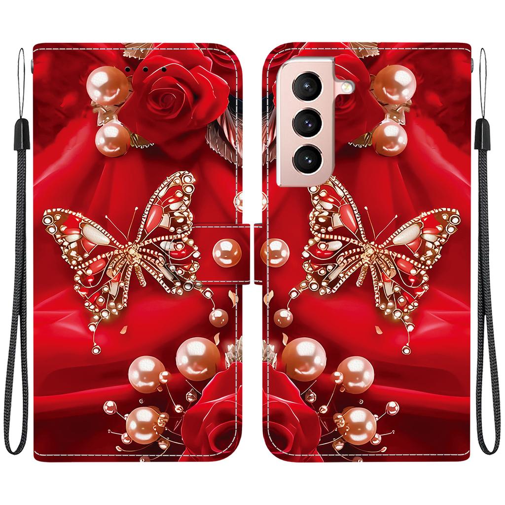 Handmade PU Leather Flip Case for Samsung Galaxy S22+/S22 Plus (SM-S906B) Anti-Slip Shockproof Cover with Wrist Strap & Heart/Rose Cat Designs