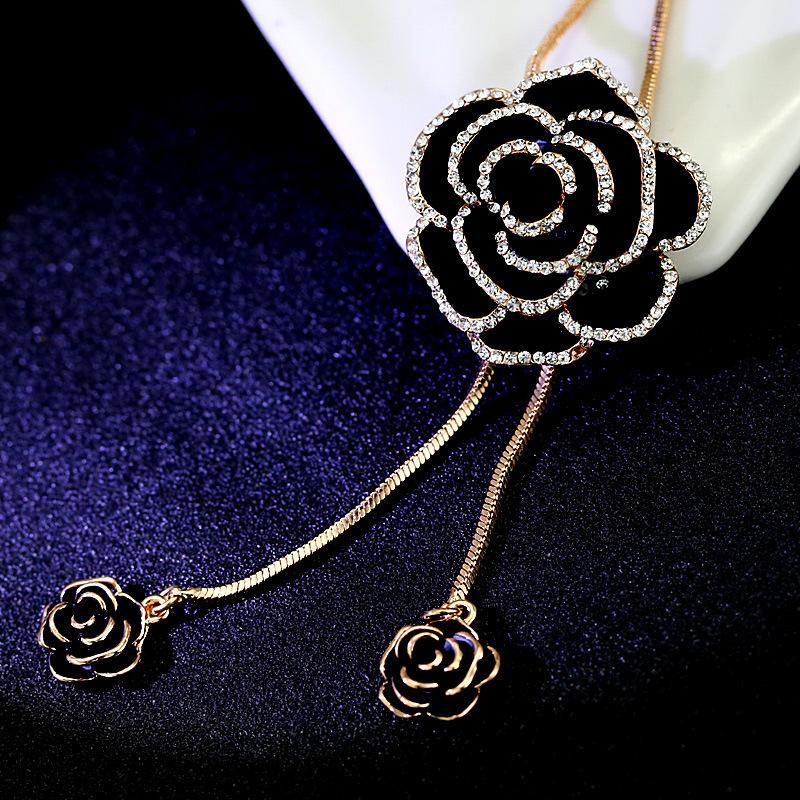 Black Rose Flower Long Necklace Sweater Chain Metal  Pendant Necklaces Adjusted
