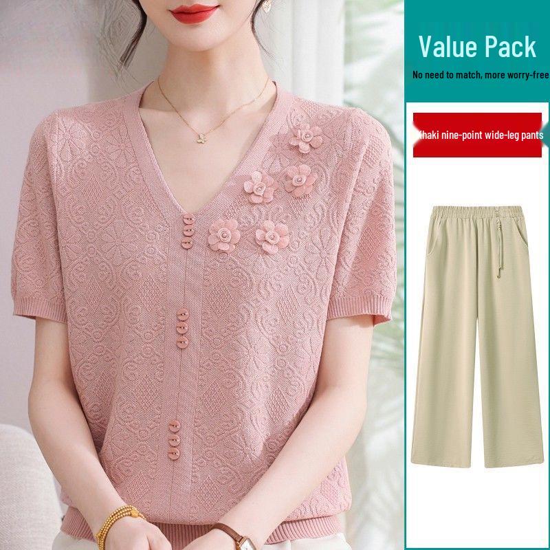 2026 Summer Ice Silk Blouse & T-Shirt Set for Moms and Seniors