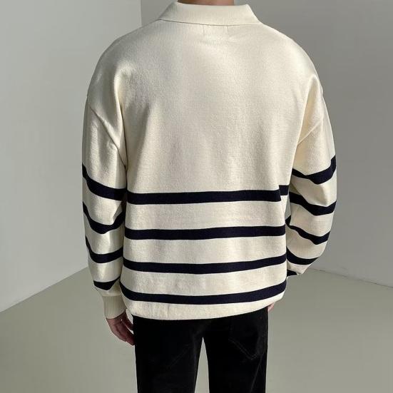 Podzim Zima Pánský Svetr Colorblock Pruhovaný Límec na Zapínání Pletený Volný Dlouhý Rukáv Volný Pulovr Pletenina Anglický Styl Školní Svetr