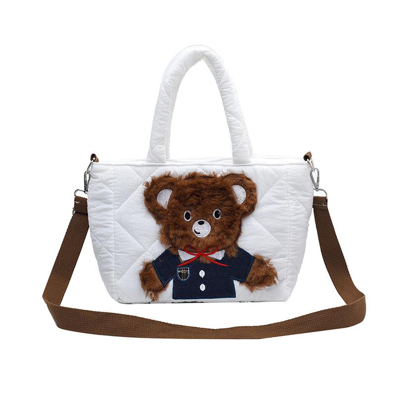 Adorable Cartoon Bear Cotton Fabric Handbag For Kids Stylish Crossbody Bag In Soft Colors OffWhite