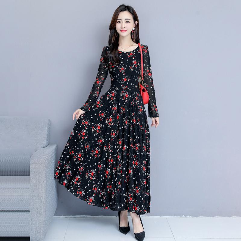 Rochie evazată florală elegantă Rochie de plajă cu mânecă lungă cu gât rotund Fustă A-Line imprimată