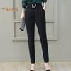 Women Casual Trousers High Waist Suit Pants Metal Buckle Pockets Solid Color Slim Fit Harem Pants Workwear