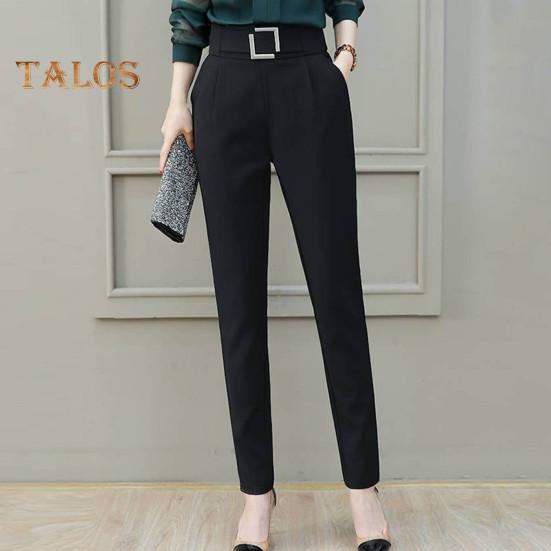 Women Casual Trousers High Waist Suit Pants Metal Buckle Pockets Solid Color Slim Fit Harem Pants Workwear