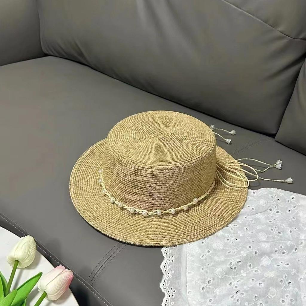 Small Pearl Woven Bow Flat Top Hat Women's Summer Sun Protection Straw Hat Small Brim Basin Hat Sunshade Travel Top Hat