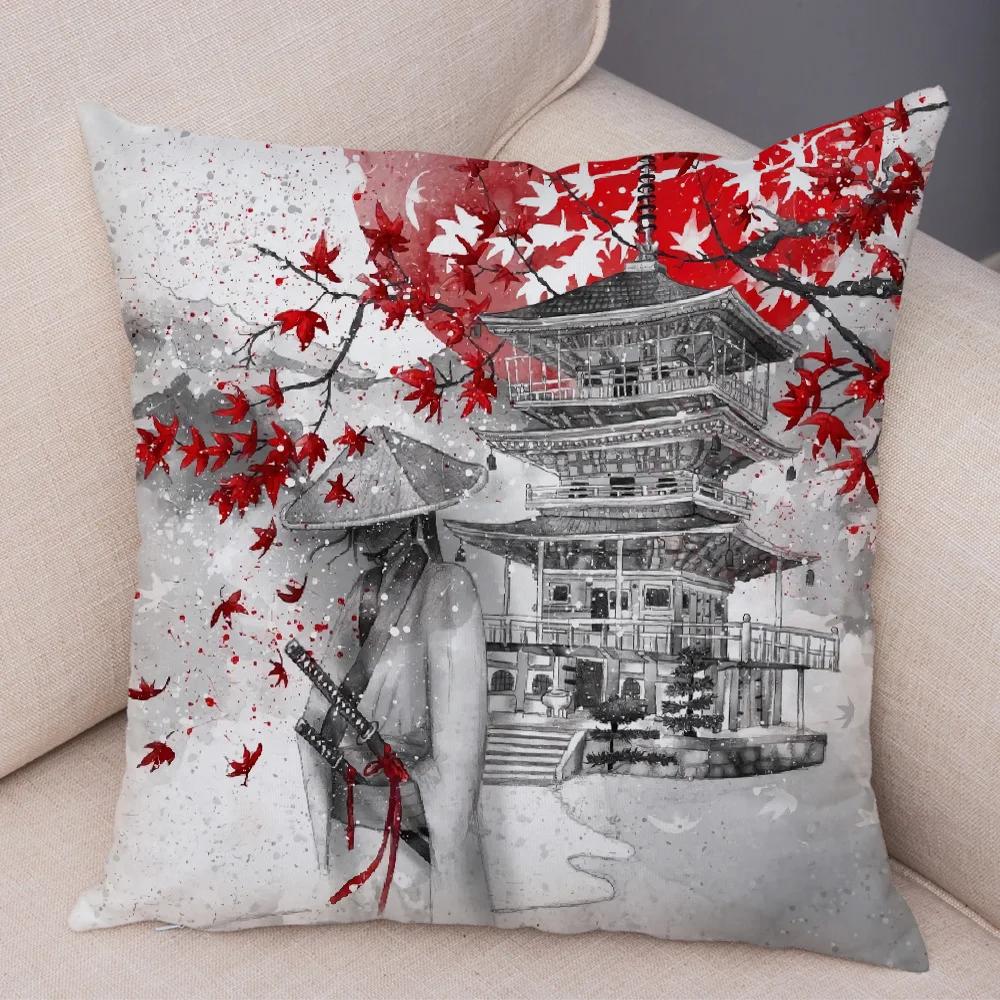 Japan Style Ink Warrior Cushion Cover for Sofa Home Double Print Decor Beautiful Scenery Girl Pillowcase Soft Plush Pillow Case
