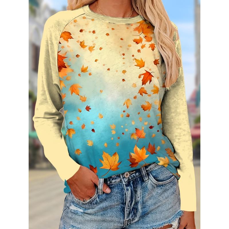 

Футболка с принтом «кленовый лист» и плечом реглан, повседневная футболка с длинным рукавом на осень, женская одежда