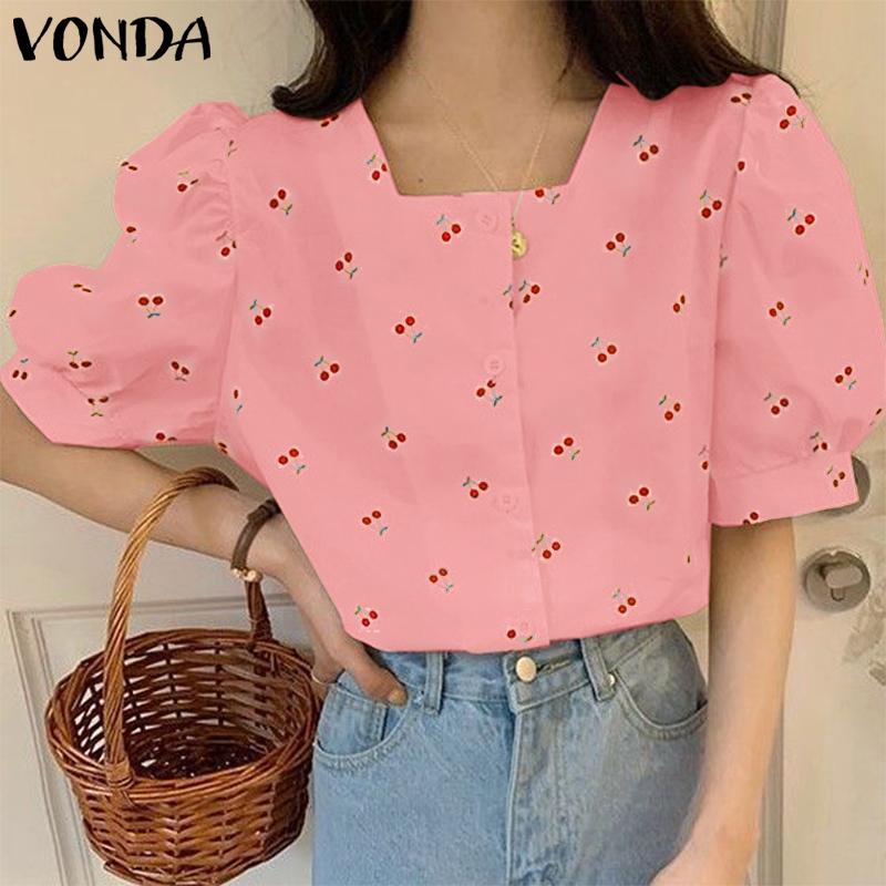 

Летняя женская рубашка VONDA с ​​квадратным вырезом и принтом вишни, с короткими рукавами 3XL жёлтый