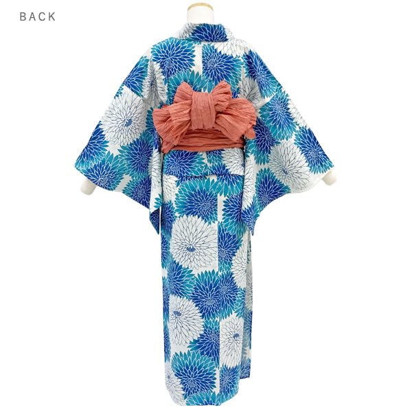 Kyoto Kimono Yuzen Yukata and Obi Set Blue Chrysanthemum Floral Print Retro Modern Yukata (2 Pieces)