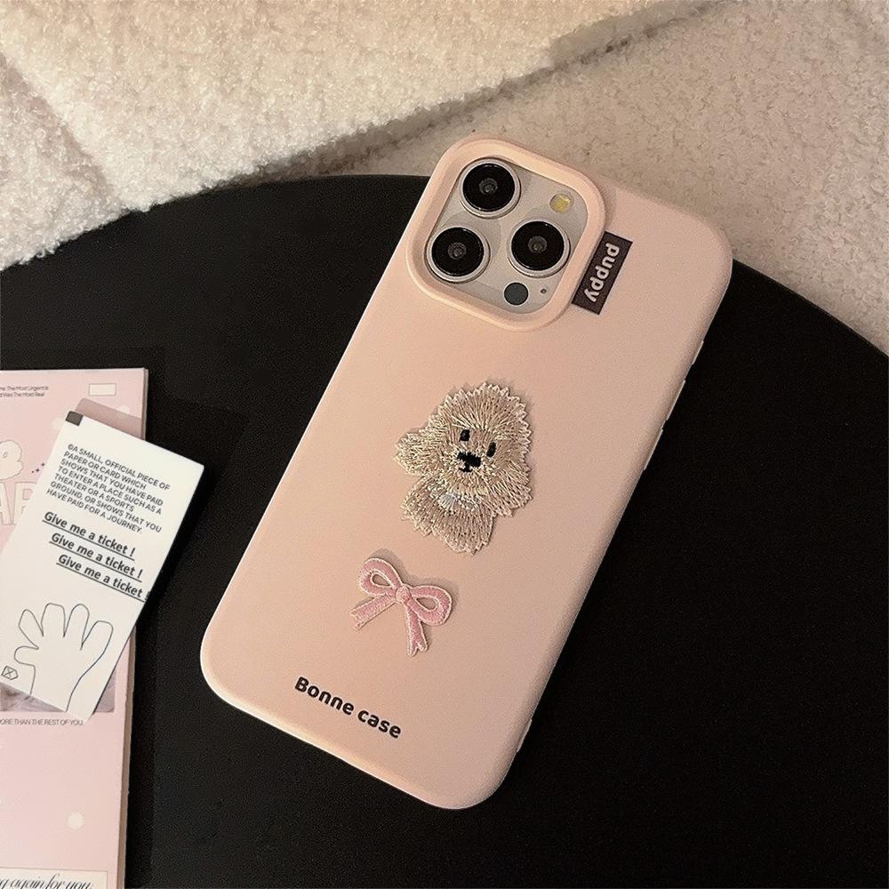 Ins Bow Embroidered Puppy 16 Mobile Phone Case Apple 17 Anti-fall Iphone15pro Max Suitable for 13 Sweet Girls