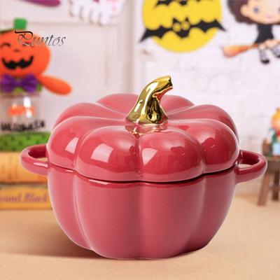 Pumpkin Bowl with Double Handles Stackable Ceramic Pumpkin Soup Bowls Glossy Enamel Pumpkin Snack Container for Baking Serving Halloween Gift