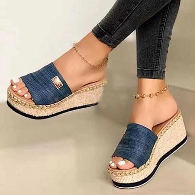Summer Foreign Trade Europe and the United States New Hemp Rope Woven Thick-soled Wedge Slippers Women's Large Size One-word Sandals Women's Shoes