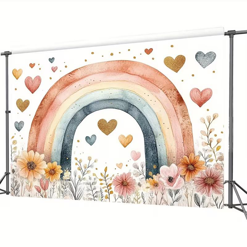 2D Watercolor Rainbow Backdrop, Pastel Boho Style with Flowers and Hearts Background for Nursery 47.2x31.5inch/120*80cm