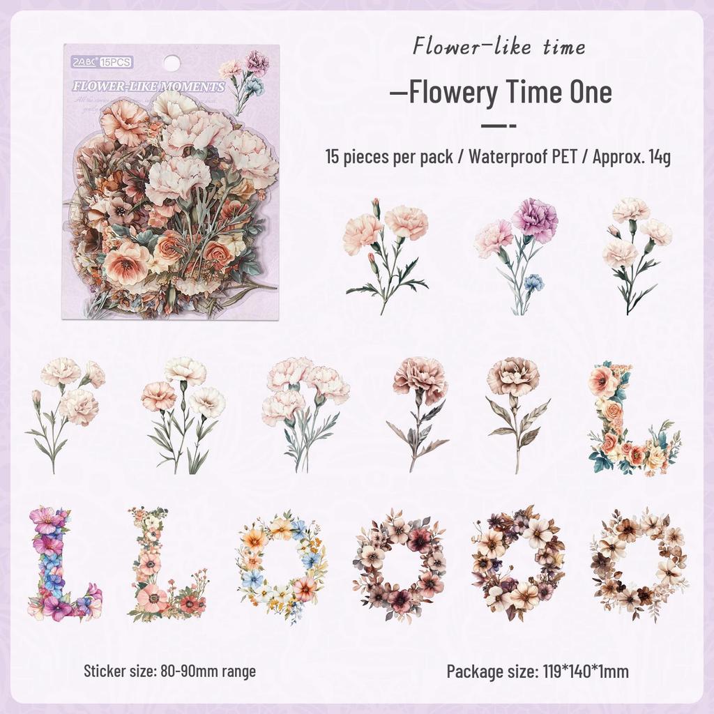 ZABC Retro Floral PET Sticker Pack: 15 Sheets for Romantic Floral-Themed Journaling
