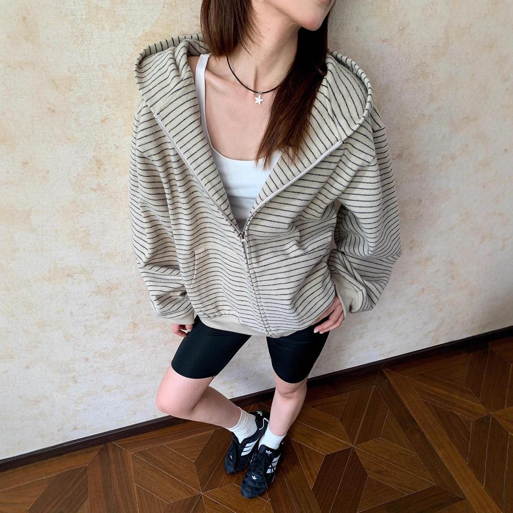 Women's Retro Korean-Style Hooded Striped Cardigan