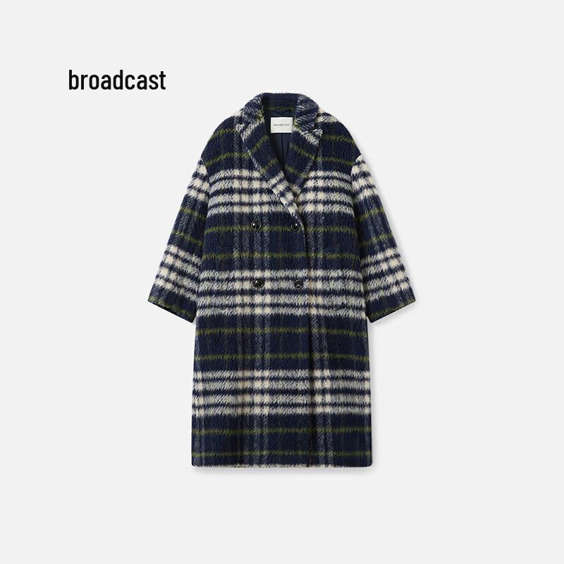 Broadcast Women's Elegant Vintage Plaid Wool Blend Mid-Length Coat