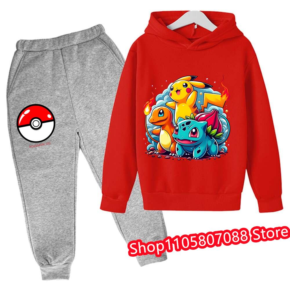 2026 Jaro Podzim 3-14 let Děti Pikachu Kreslená Mikina Set Oblečení pro Kluky Outfit pro Holky