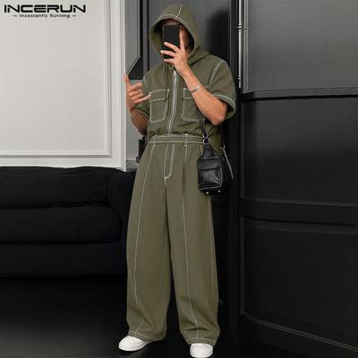 2PCS Men Hooded Stitching Short Sleeve Shirt Long Straight Pants Sets Outfits