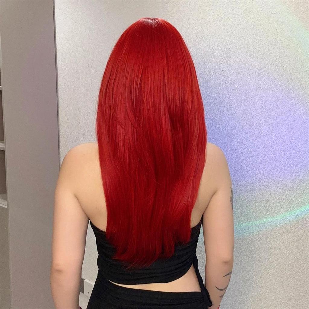 HAIRCUBE Červená rovná syntetická paruka pro ženy Dlouhá přírodní vrstvená paruka s ofinou Cosplay Party Paruka z tepelně odolných vláken