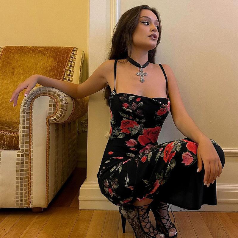 

Сетчатые сексуальные летние платья с цветочным принтом 2024, длинное платье на тонких бретельках для отпуска и открытой спины, винтажная одежда для вечеринок M чёрный