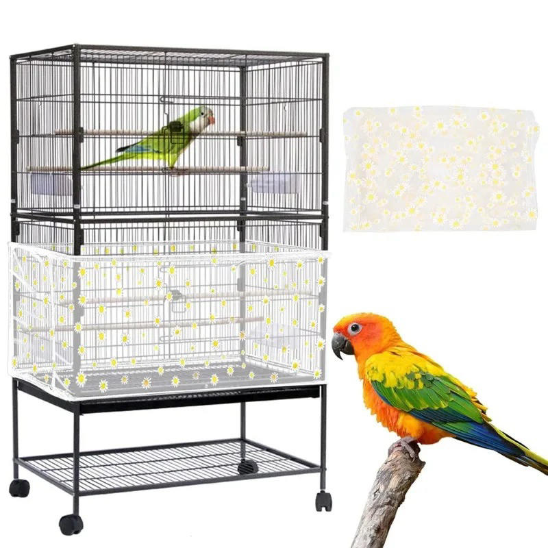 Universal Indoor/Outdoor Bird Cage Seed Catcher Stretchy Adjustable Soft Daisy Pattern Mesh Net Seed Guard for Round Square Cages