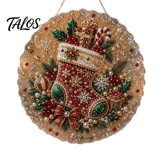 Outdoor Christmas Tree Decor Faux Pearl Art Kit, DIY Rhinestone Gem Painting Craft, Santa Festive Home Items Stocking Elk Pattern Hanging Suncatcher