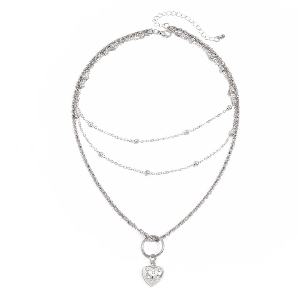 Retro Multi-layer Beaded Necklace with Heart-shaped Rhinestone