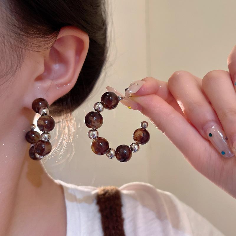 Light Luxury High-end Tiger's Eye Stone C-shaped Earrings Women's Autumn and Winter Maillard Geometric Stud Earrings Fashion Versatile Ear Jewelry