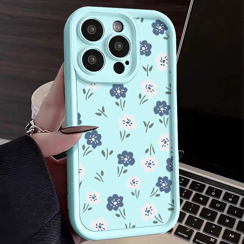 Blue White Small Flowers Silicone Case For iPhone 15 16 Pro Max 14 13 12 11 Pro Max 7 8 XR XS SE Shockproof Soft TPU Phone Cover