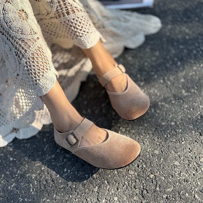 Johnature Retro Yumuşak İnek Derisi Tokalı Sığ Babetler Çok Yönlü Yuvarlak Burunlu Yumuşak Tabanlı Kadın Ayakkabıları