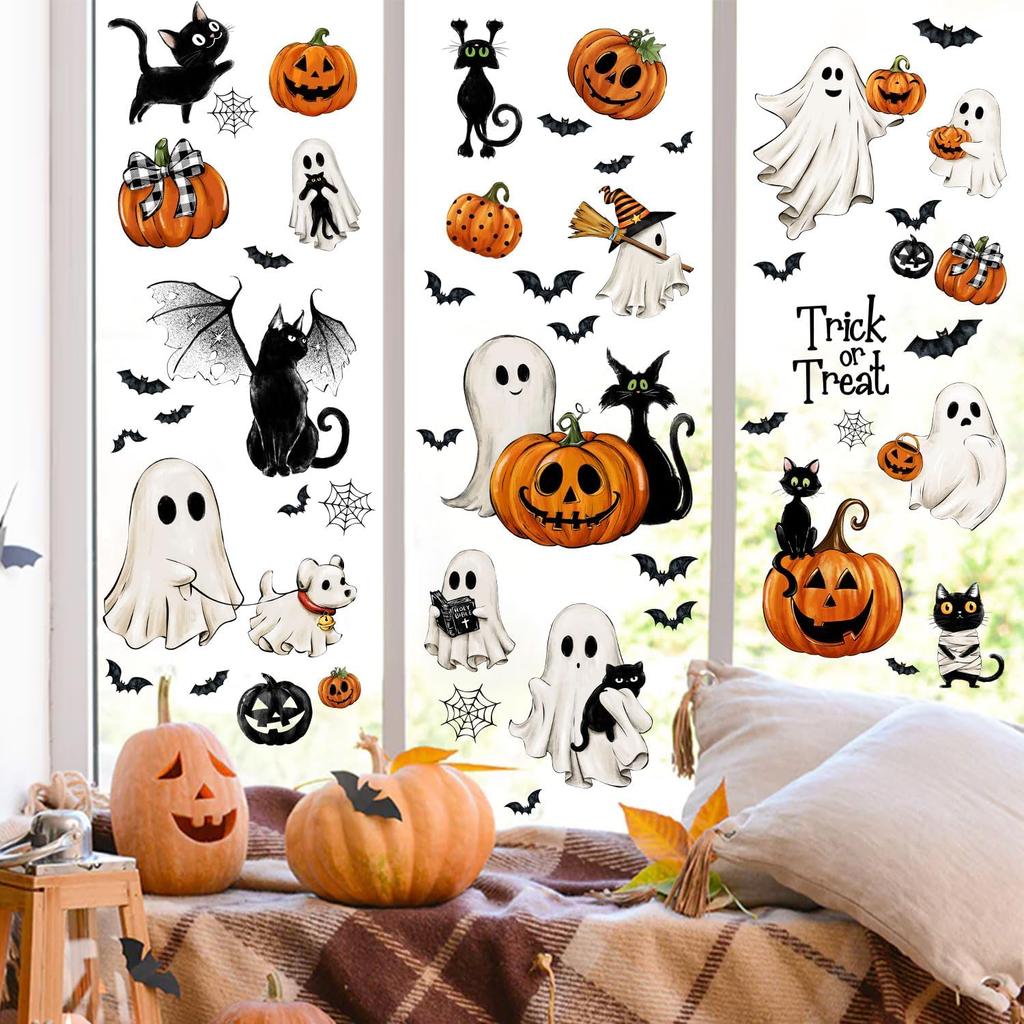 87 PCS Halloween Window Clings Ghost Decals Decor, Vintage Ghost Evil Pumpkin Bat Black Cat Reble Window Stickers for Halloween Party Supplies Home