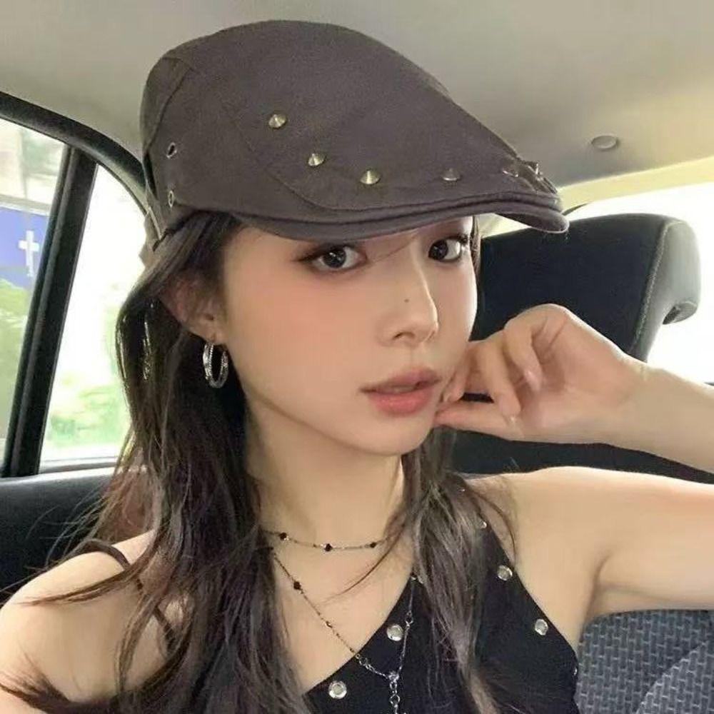 Cotton Forward Cap Harajuku Retro Painter Hat Fashion Rivet Beret Forward Hat