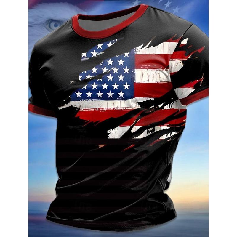 Summer Men's Short Holiday T-shirt Trendy Breathable Top Outdoor Patriotic Soft Round Neck Polyester Top