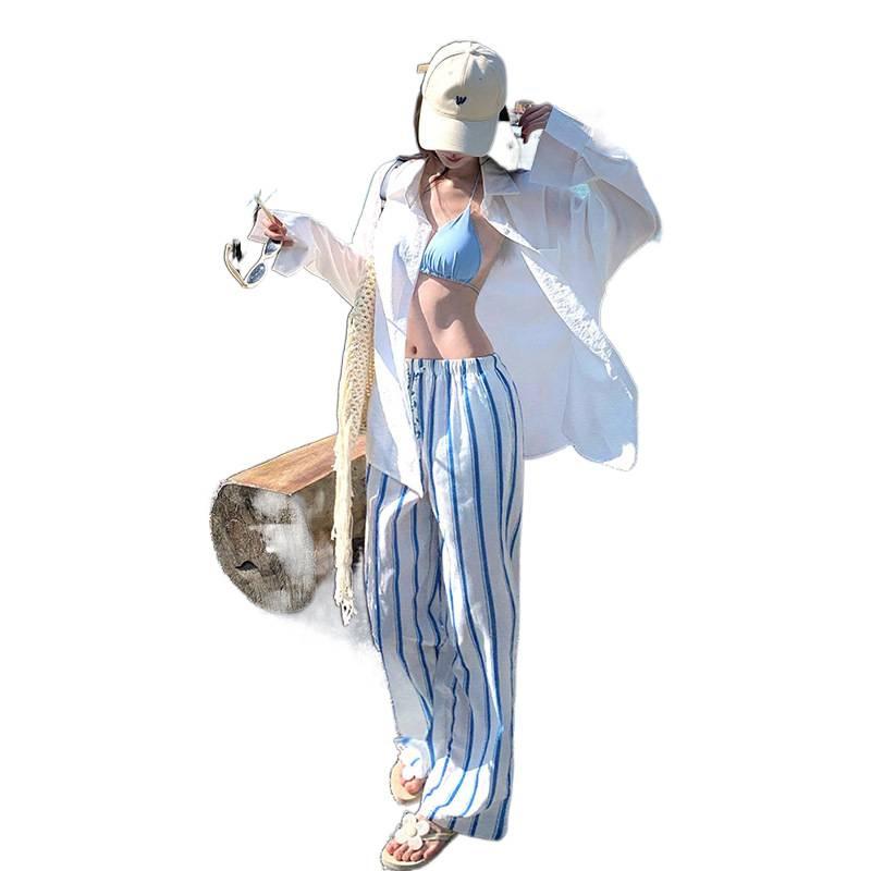 Casual vacation style blue bikini three-piece women's summer seaside vacation sunscreen blouse striped wide-leg trousers