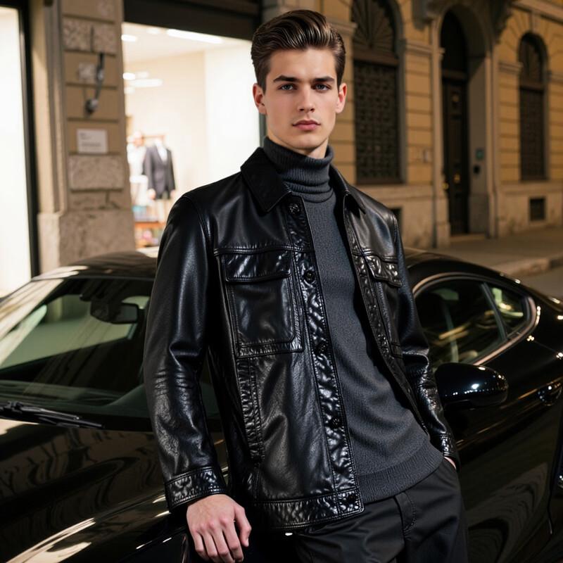 Futing Men's Biker Style Lapel Leather Jacket