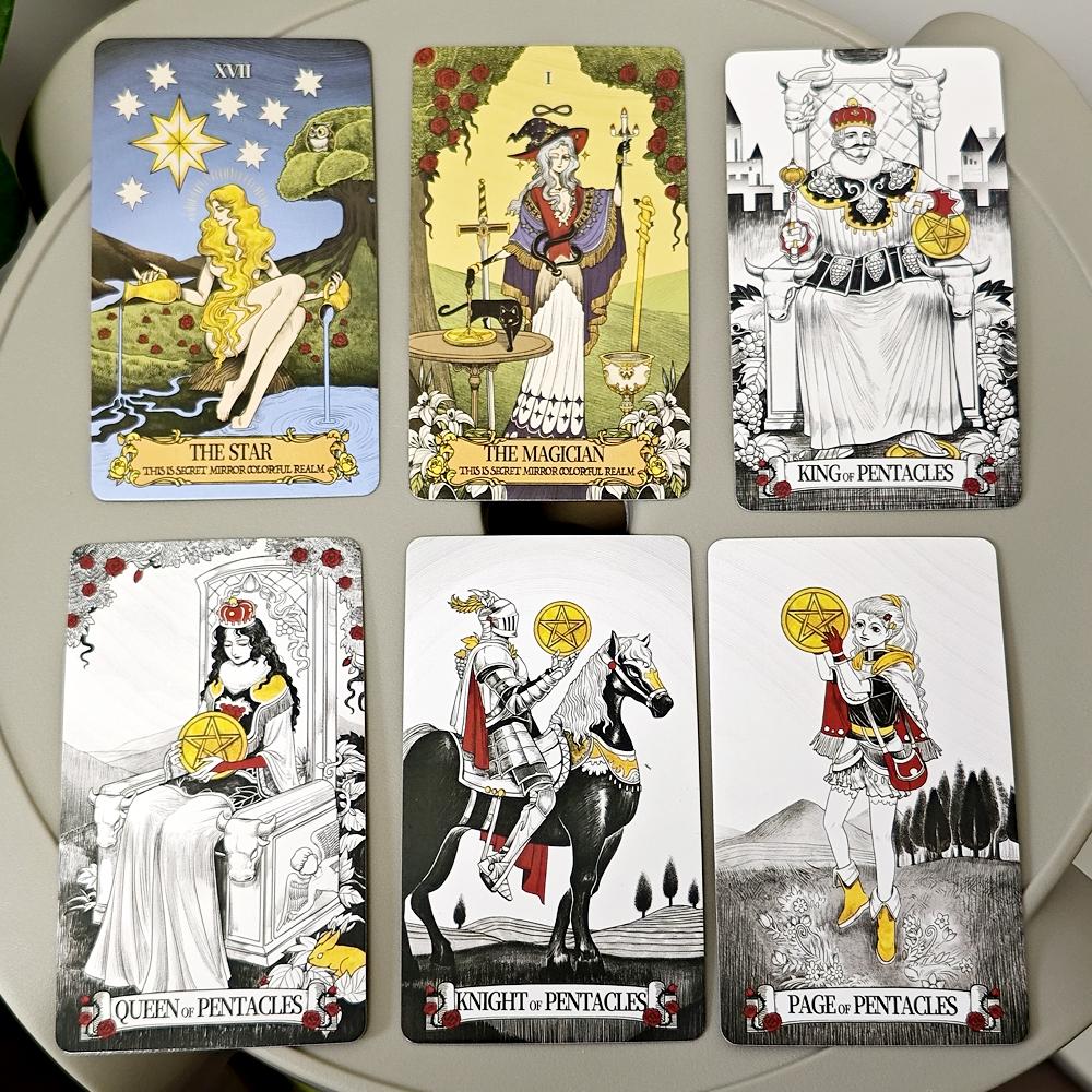 10,3*6 cm Miroir secret Tarot Art féminin Tarot dans un riche symbolisme avec un royaume monochrome:Cartes noires, blanches, rouges et dorées, 80 pièces