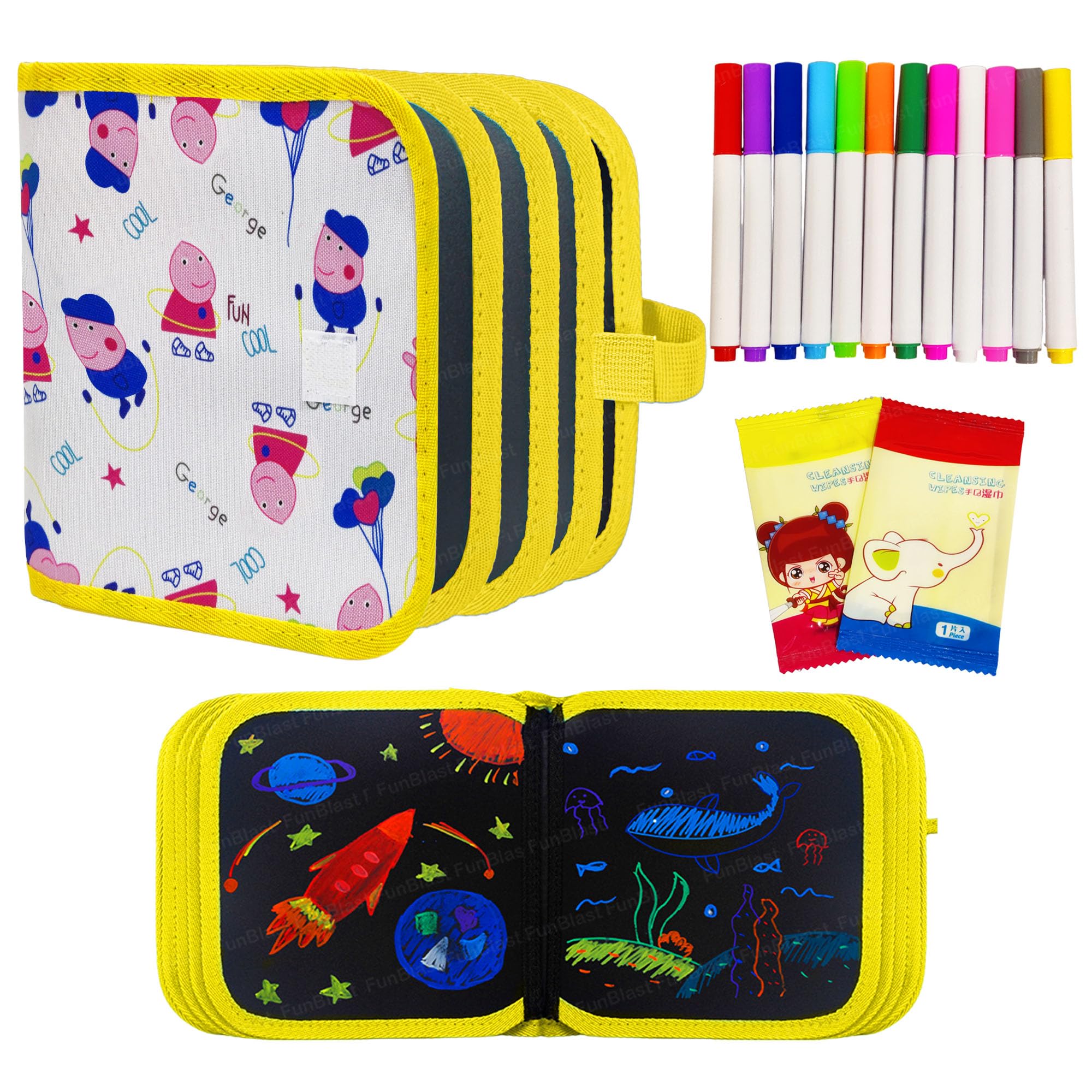 FunBlast Erasable Doodle Slate Painting Kit for Kids, Drawing Book with Wet Wipes & Colors for Kids, Colouring Doodle Slate for Kid, Erasable Boo