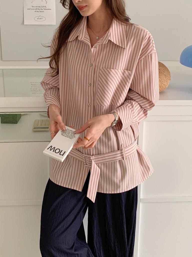 Korean Style Pink Stripe Women's Loose Tie-Waist Casual Long Sleeve Shirt