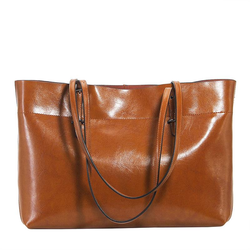 Genuine Leather Large Capacity Women's Tote - Fashion Oil Wax Cowhide Handbag & Shoulder Bag