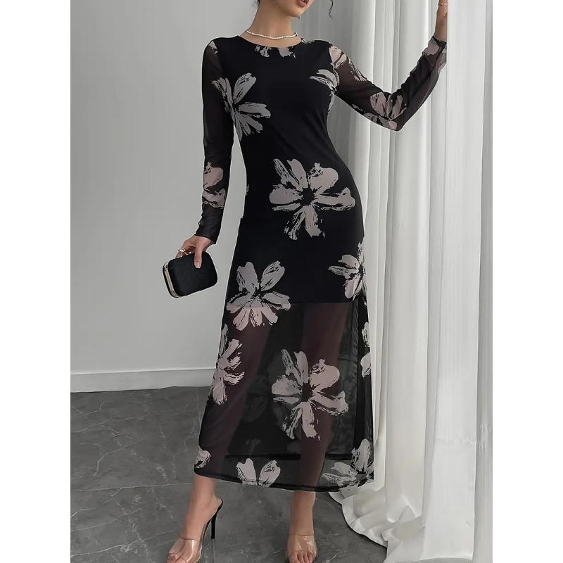 

Летнее женское сетчатое поясное платье с принтом, облегающее, с длинными рукавами, темперамент M чёрный