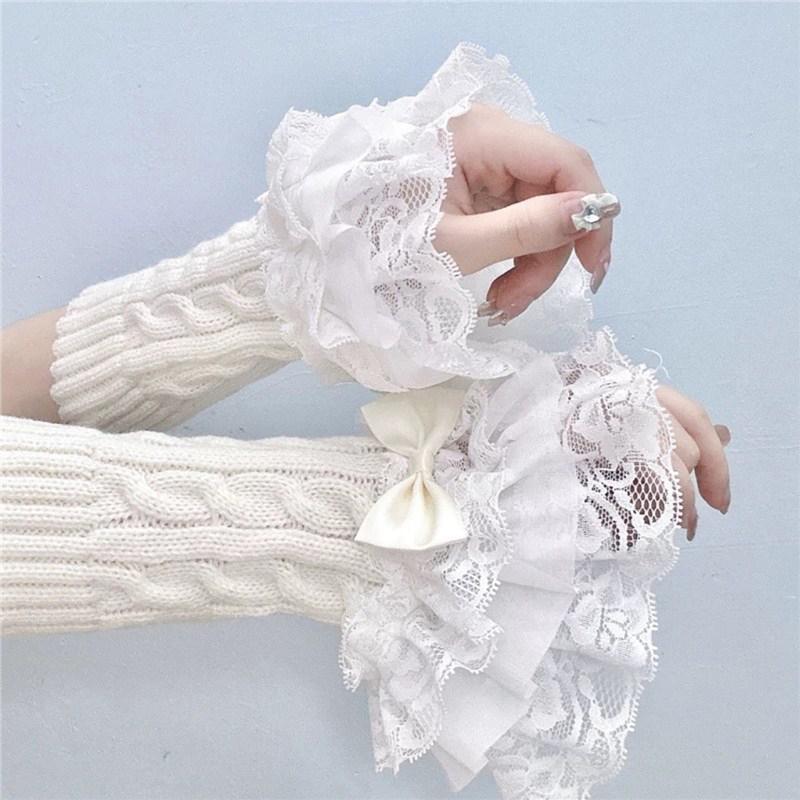 Lace Multilayer Flower Cuff Sweet Bow Decoration Hand Sleeves White Summer Ladies Ruffle Fingerless Wedding Gloves