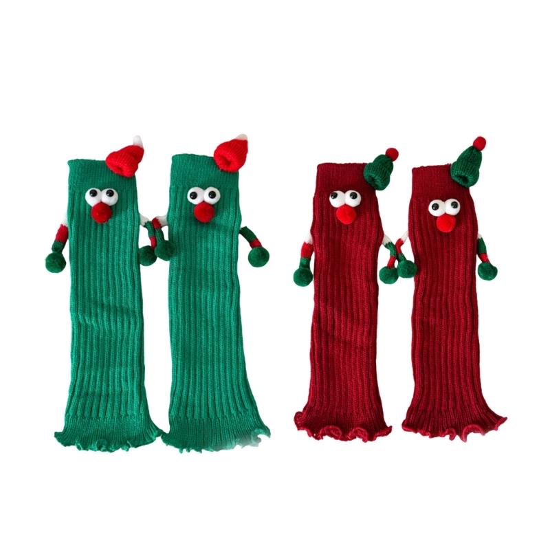 Christmas Holiday Leg Covers 3D Santa Hat Doll Magnetic Hand Holding Leg Warmers Socks with Big Curious Eyes for Women