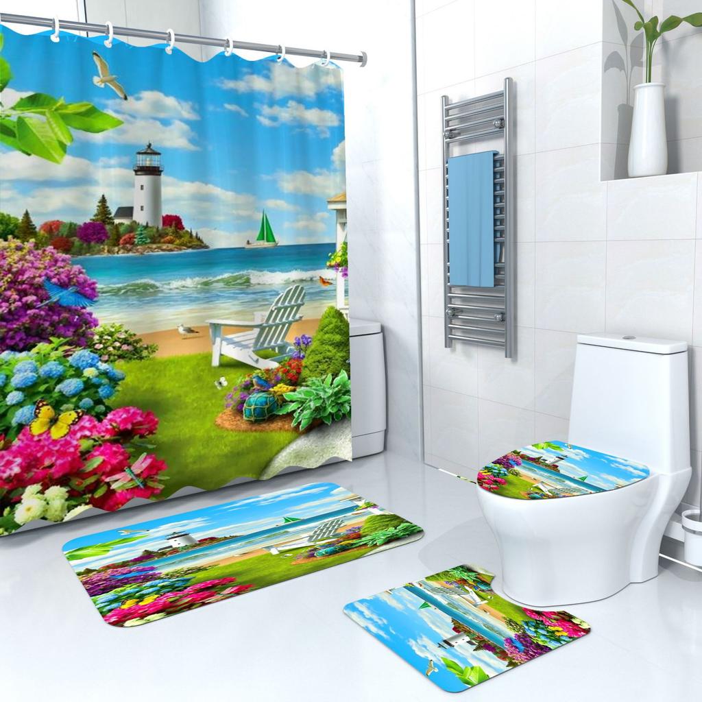 Shower Curtain Digital Printing Shower Curtain Lighthouse Landscape Polyester Bathroom Partition Curtain Bathroom Four-Piece Set