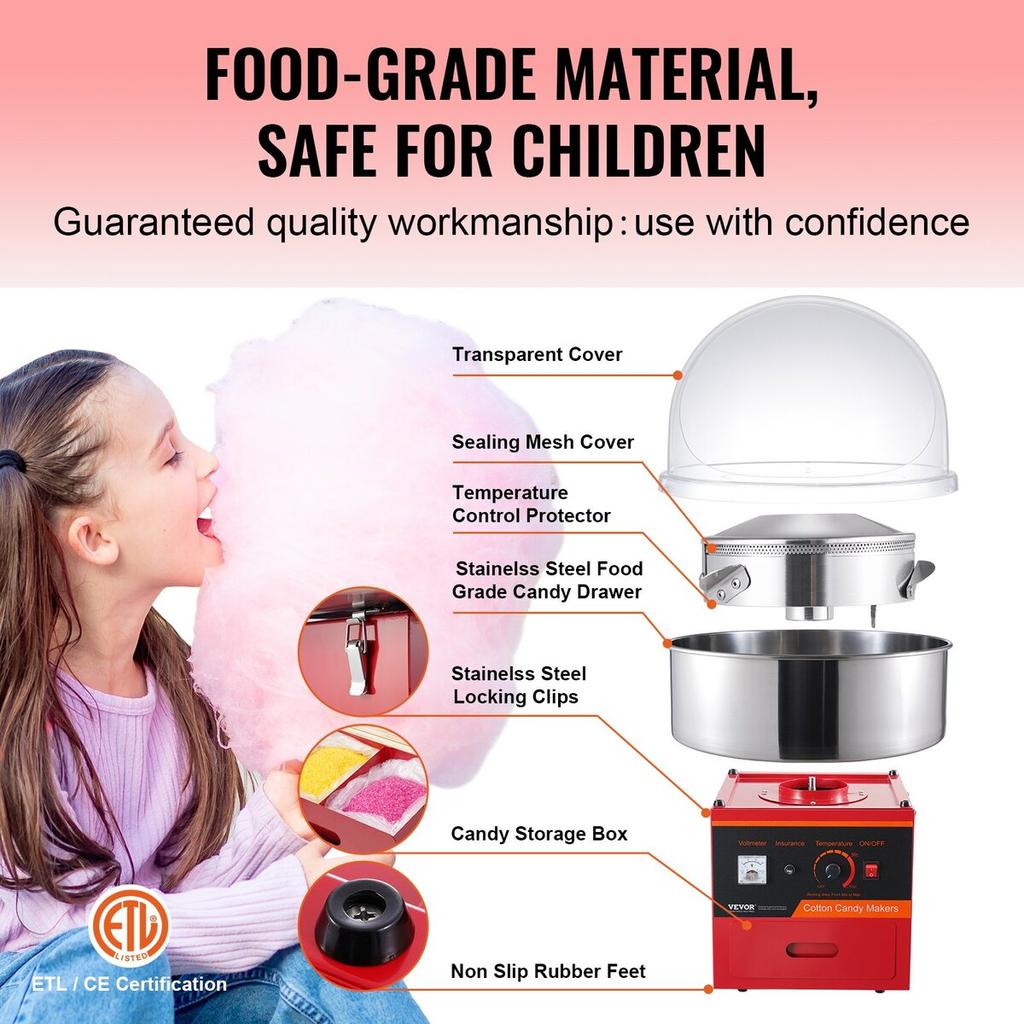 Electric Cotton Candy Machine, 1000W Candy Floss Maker, Commercial Cotton Candy Machine with Cover, Stainless Steel Bowl, Sugar Scoop, Drawer, Perfect