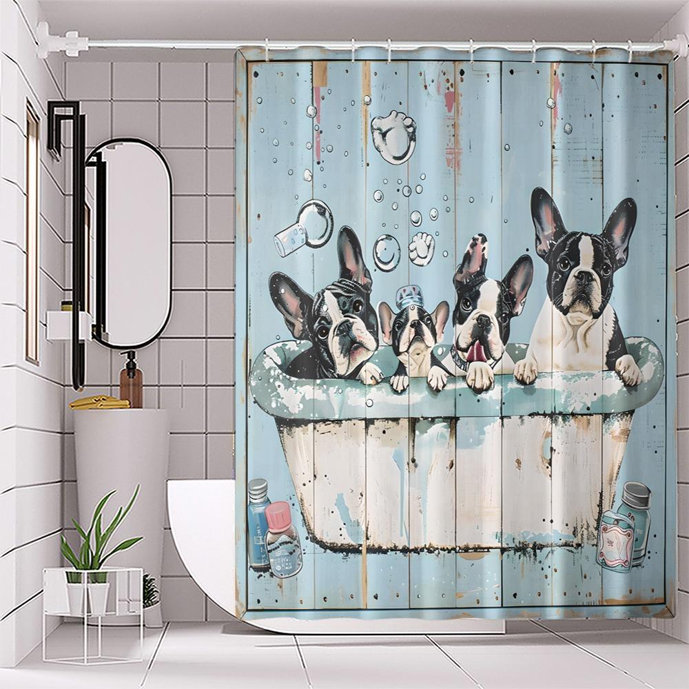

French Bulldog Washable Dirt-Resistant Shower Curtain Shower Head Waterproof Polyester Bath Curtain For Home Decor W60H190(CM)-1 Pcs